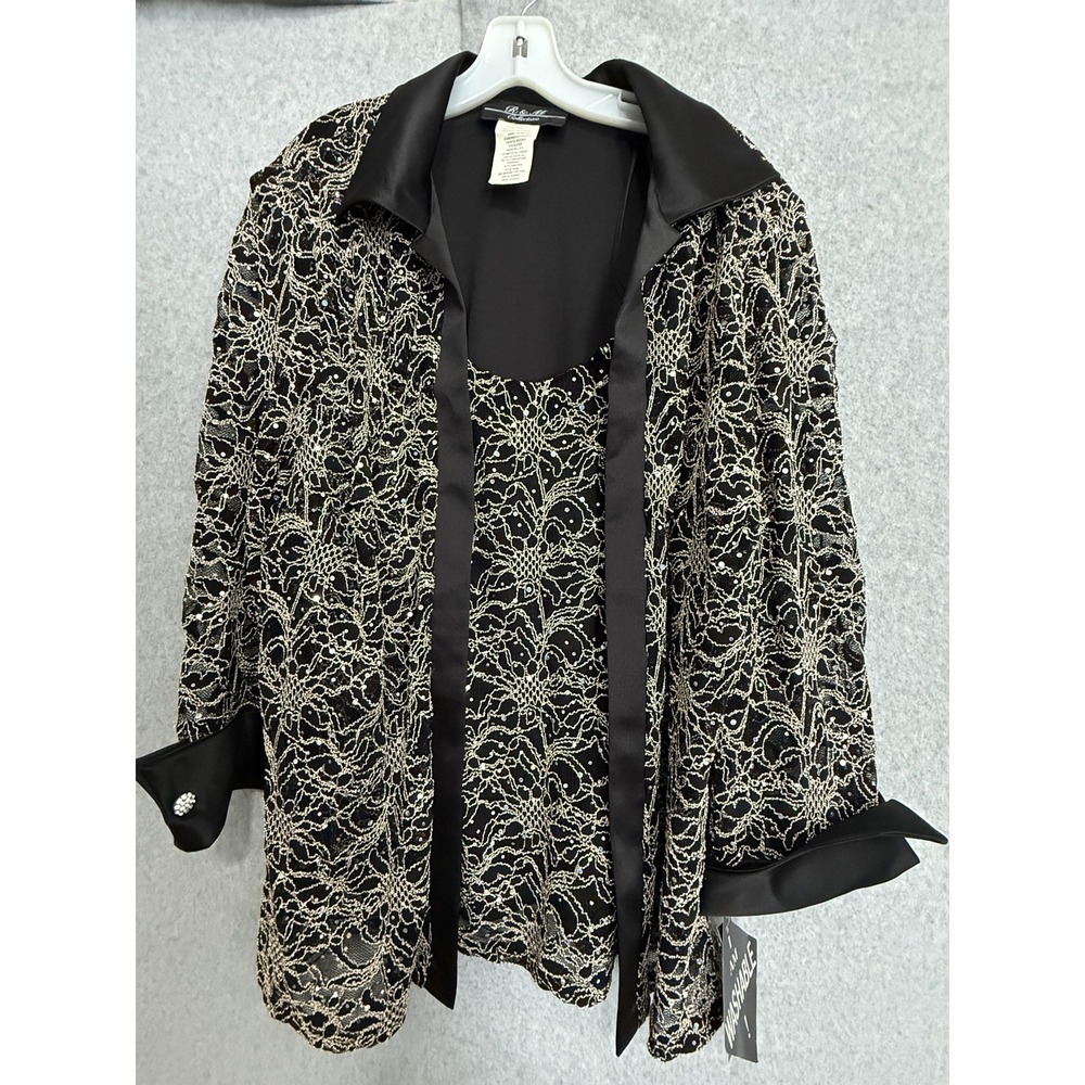 R & M Collection Jacket Womens 20W Black Lace Sequin Rhinestone Open Front Party